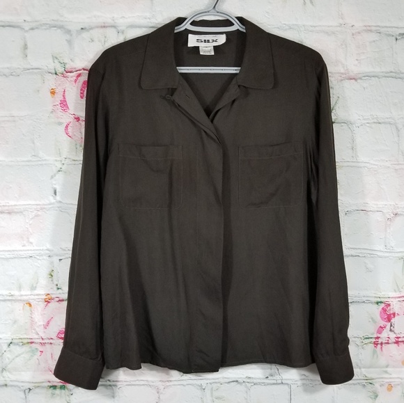 SILX 100% Silk Dark Brown Button Down Shirt - Picture 1 of 7